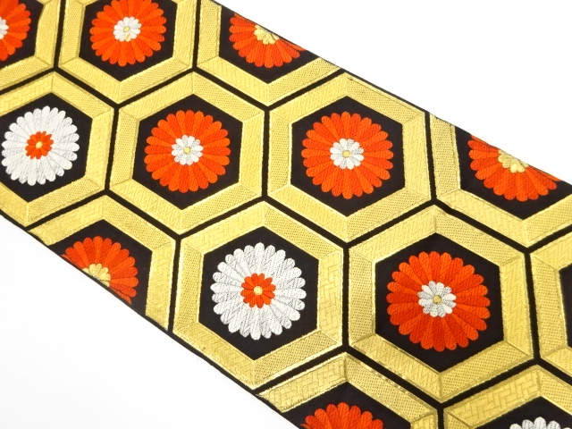 アンティーク　花亀甲模様織り出し袋帯（着用可）